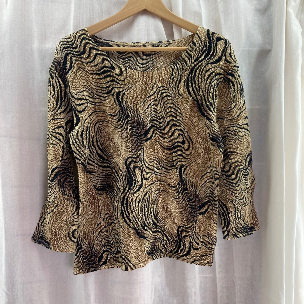 Abstract Print Long‎ Sleeve Top Women's Blouse Crinkle Texture